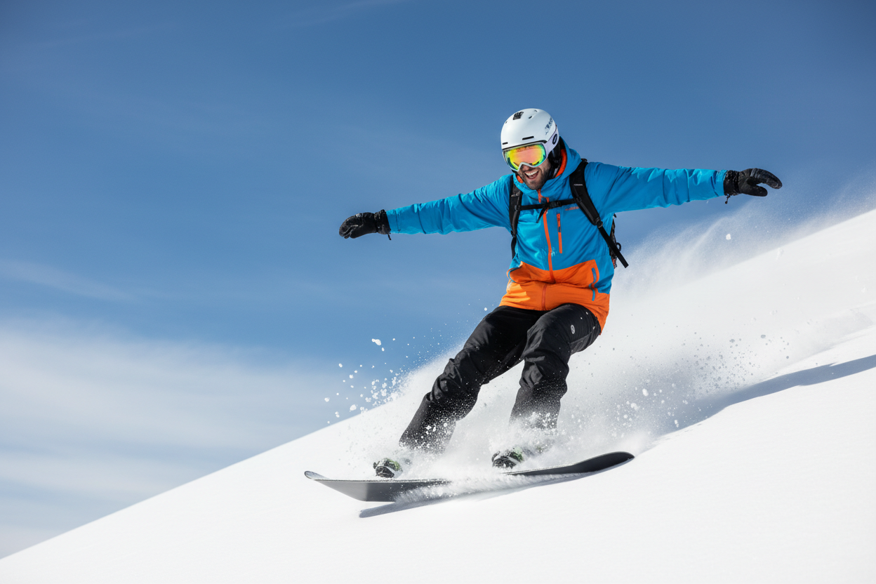guy snowboarding and smiling while having goggles on 